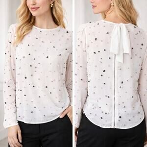 Style & Co White Sheer Pearl Beaded Blouse Women’s Med. Long Sleeve Evening Top